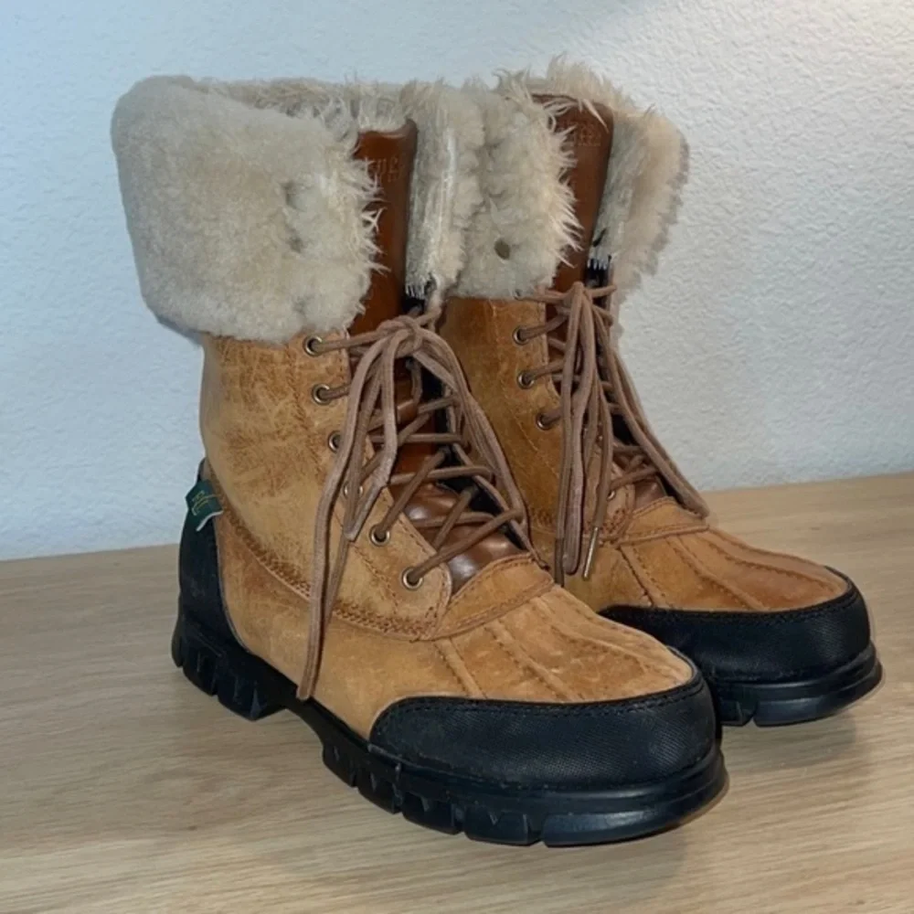 Ralph Lauren‎ Quinta Tan Brown Leather Shearling Mid Calf Winter Boots
